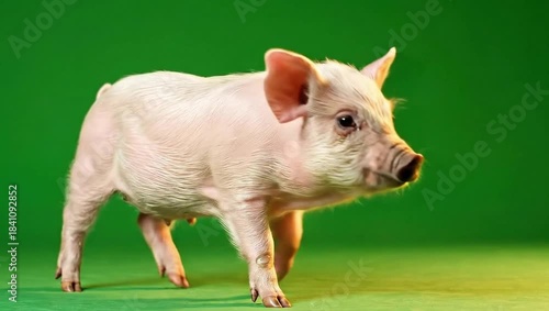Pink domestic piglet with a snout in the grass on a livestock farm