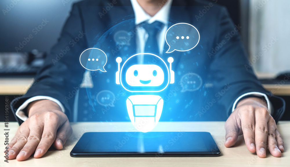 Naklejka premium AI chatbot virtual assistant interacting with users through AI conversation bubbles, symbolizing AI automation, smart communication, and AI digital artificial intelligence help support Vouch