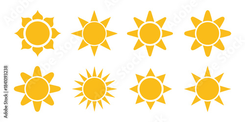 Set of sun icons, symbol of summer, solar energy, weather forecast. different styles of abstract suns