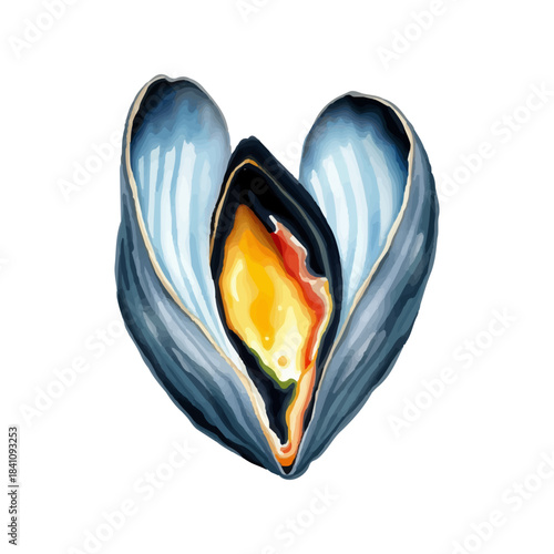 Watercolor illustration of mussels, delicacy, seafood, gourmet food, hand drawn, isolated on white background, vector