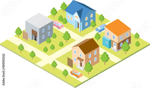 スタイリッシュでかわいい一戸建てが並ぶおしゃれな街並みのアイソメトリックイラスト