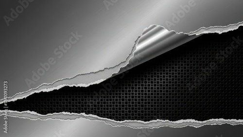 Torn metallic surface revealing perforated metal mesh, industrial ripped steel background