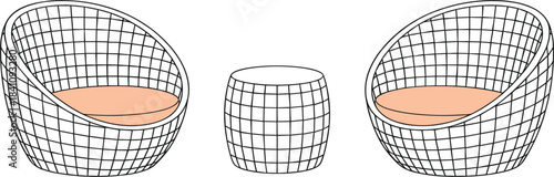 Modern outdoor patio wicker furniture set, two comfortable chairs, small round table, vector illustration, isolated