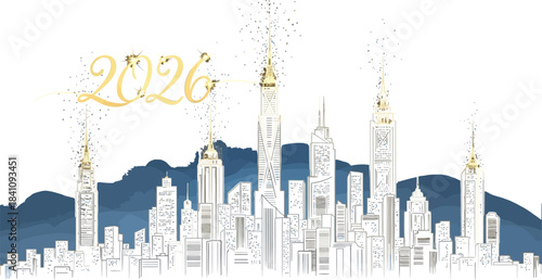 Golden 2026 skyline illustration with sparkling skyscrapers against a dark blue sky