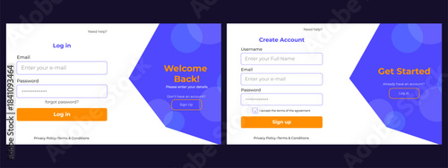 Modern register and login page layout. Simple form design with email and password fields for sign up and sign in.