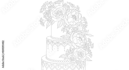 Elegant three tiered wedding cake decorated with roses and baby's breath outline