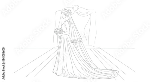 Elegant bride in a wedding gown holding a bouquet in a line art illustration