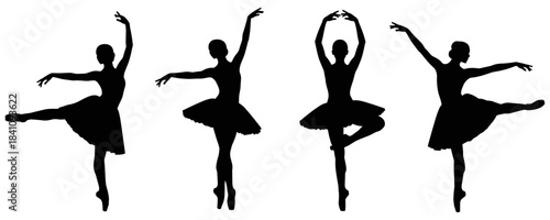 Ballet dancer silhouette icon set featuring classical poses with tutus, black and white graceful movement illustration