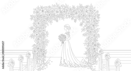 Bride standing under floral archway in a church wedding coloring page design