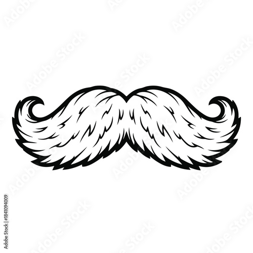 A black and white illustration of a stylized mustache silhouette with detailed hair-like textures against a clean white background.