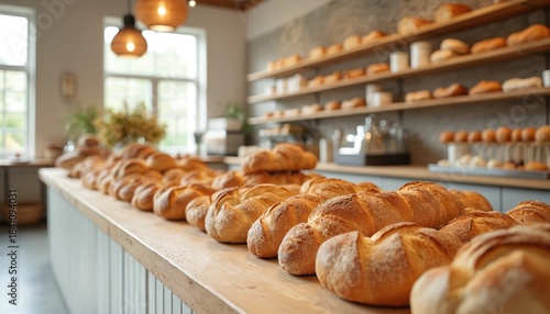 Freshly baked loaves of artisanal bread line wooden counter in cozy bakery. Shelves above display more pastries and bread, ready for sale. Warm lighting and rustic decor create inviting atmosphere.