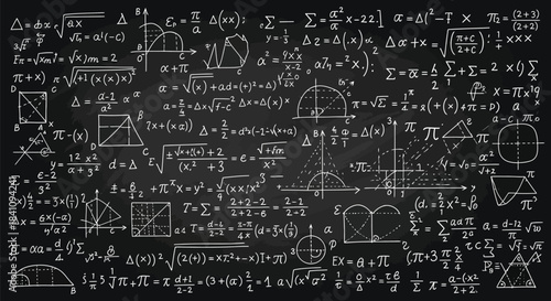 Complex mathematical equations and diagrams are scrawled on a dark chalkboard