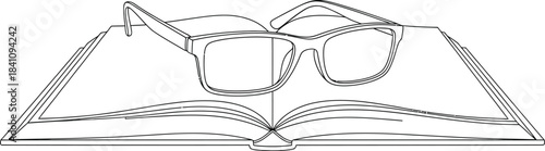Glasses resting on an open book in a simple black and white line drawing