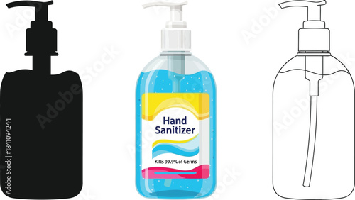 Hand sanitizer dispenser bottle vector set showing full color silhouette and outline icons for hygiene and germ protection