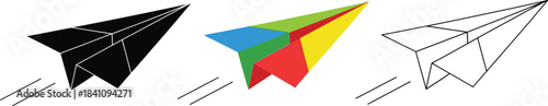 Set of three stylized paper airplane icons showing black silhouette color fill and outline versions in flight motion