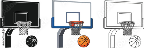 Collection of three distinct basketball hoop and ball vector icons featuring silhouette color and outline styles