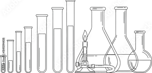 Laboratory glassware including test tubes and flasks with a bunsen burner flame