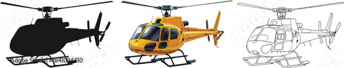 Set of three distinct yellow helicopter graphics including a full color version a silhouette and a black and white outline