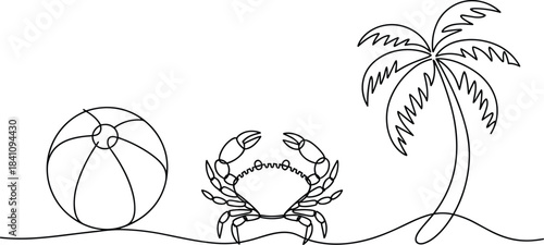 Simple line of a beach ball crab and palm tree on a beach