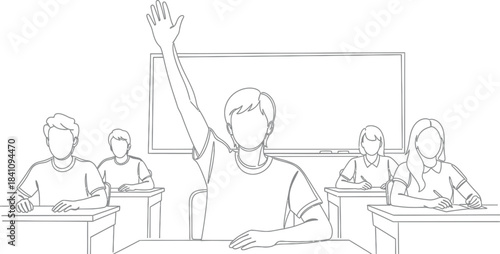 Student raising hand in classroom with classmates during lesson illustration
