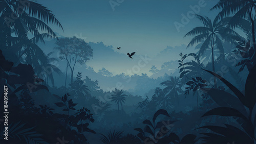 Tropical Rainforest Vector Background with Wildlife Silhouettes