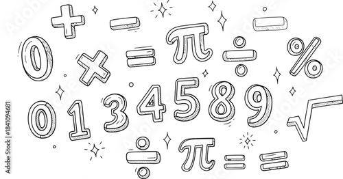 Hand drawn math symbols and numbers floating on a white textured background