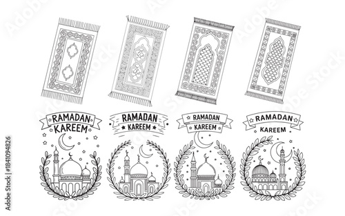 Black and White Islamic Prayer Mat and Ramadan Badge Line Art Set with Mosques Crescents and Geometric Patterns