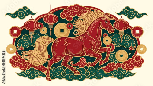 Stunning traditional red horse leaps through vibrant clouds with Chinese lanterns and prosperity coins
