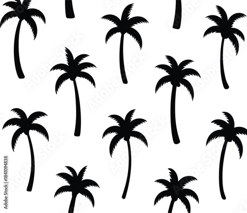 Seamless palm tree silhouette pattern, tropical island background, black and white vector summer illustration wallpaper