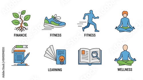 Modern line icons representing financial growth fitness learning wellness and personal development goals