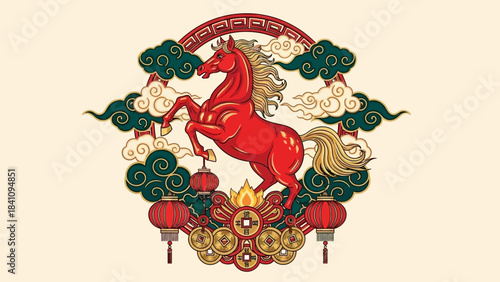 Stunning rearing red horse emblem with traditional Chinese lanterns and auspicious gold coins