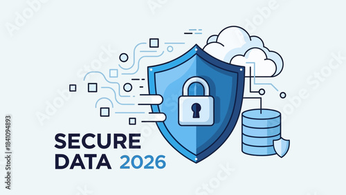 Modern digital shield icon secures cloud data and database storage protecting critical information against threats