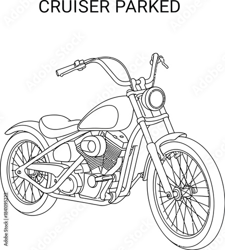 Detailed line art of a parked cruiser motorcycle against a white background