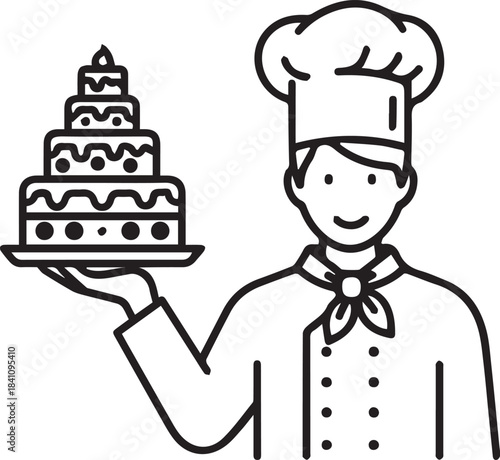 Chef's Confection: A skilled culinary professional proudly presents a multi-tiered cake, embodying artistry and expertise in the world of desserts.