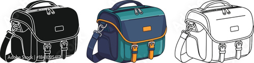 Collection of three messenger style camera bags shown in full color outline and silhouette variations for design use