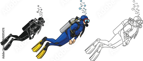 Collection of scuba diver illustrations showing full color silhouette and outline versions for underwater activity design