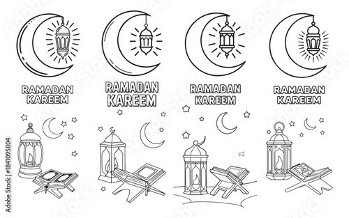 Black and White Ramadan Line Art Set with Crescent Moon Lantern Designs and Quran Stand Illustrations