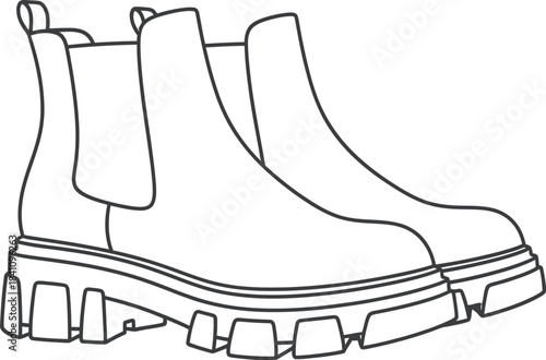 Two stylish chelsea boots with chunky soles in a minimalist line art design
