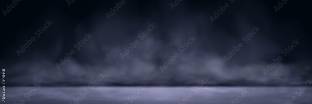 Naklejka premium Cold smoke effect on black background. Vector realistic illustration of frosty air, cloud of gray dust and smog texture, cool steam flow above water, car speed motion trail on ground, spooky mist