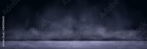 Cold smoke effect on black background. Vector realistic illustration of frosty air, cloud of gray dust and smog texture, cool steam flow above water, car speed motion trail on ground, spooky mist