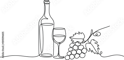 Wine bottle glass and grapes line wine glass line black and white