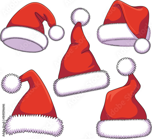 Set of five various Santa Claus hats, Christmas holiday celebration costume accessories, fluffy fur vector