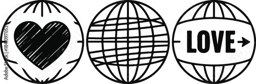 Set of Three Icons with Heart Globe and Love Symbols