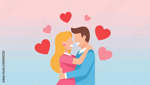 This charming flat design illustration depicts a happy couple in a warm embrace, surrounded by hearts, perfectly capturing the essence of love and affection for Valentine's Day.