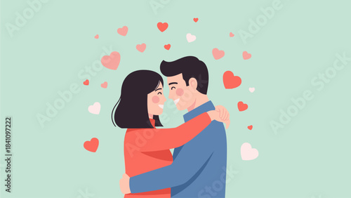 This charming flat design illustration depicts a happy couple in a warm embrace, surrounded by hearts, perfectly capturing the essence of love and affection for Valentine's Day.
