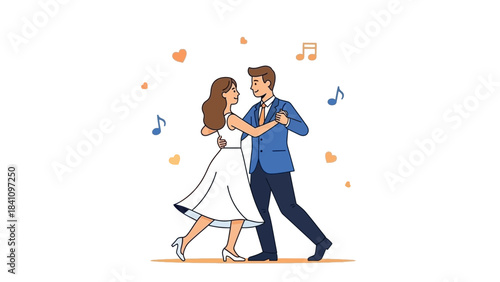 A charming flat design illustration depicting a happy couple elegantly dancing together, symbolizing their romantic connection and joy on Valentine's Day.