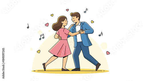 A charming flat design illustration depicting a happy couple elegantly dancing together, symbolizing their romantic connection and joy on Valentine's Day.