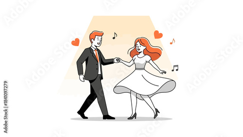 A charming flat design illustration depicting a happy couple elegantly dancing together, symbolizing their romantic connection and joy on Valentine's Day.