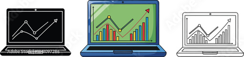 Three distinct laptop icons displaying colorful bar charts and line graphs illustrating positive business growth and financial analysis concepts