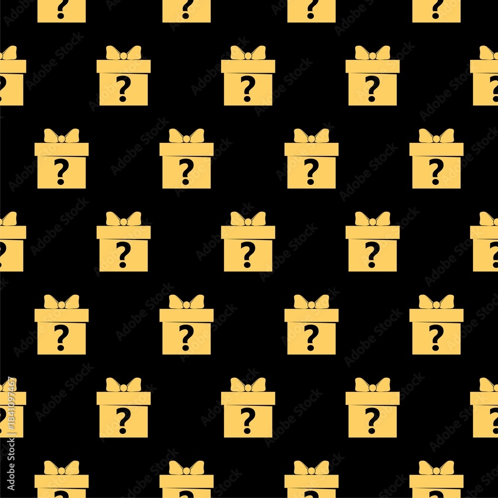 Naklejka premium Mystery Gift Box with question mark seamless pattern isolated on black background